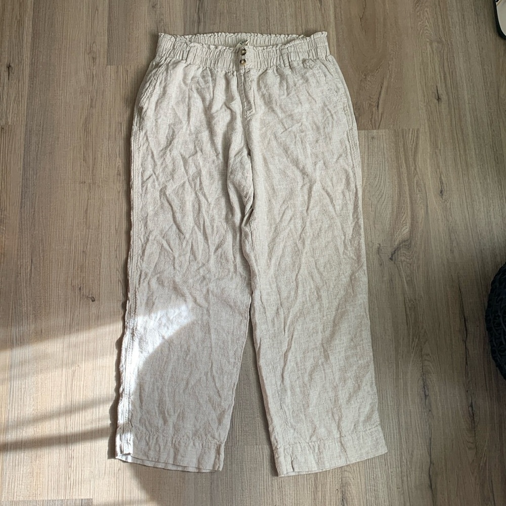 Briggs Linen Blend Wide Leg Elastic Waist Pants Oatmeal Color Size Large
